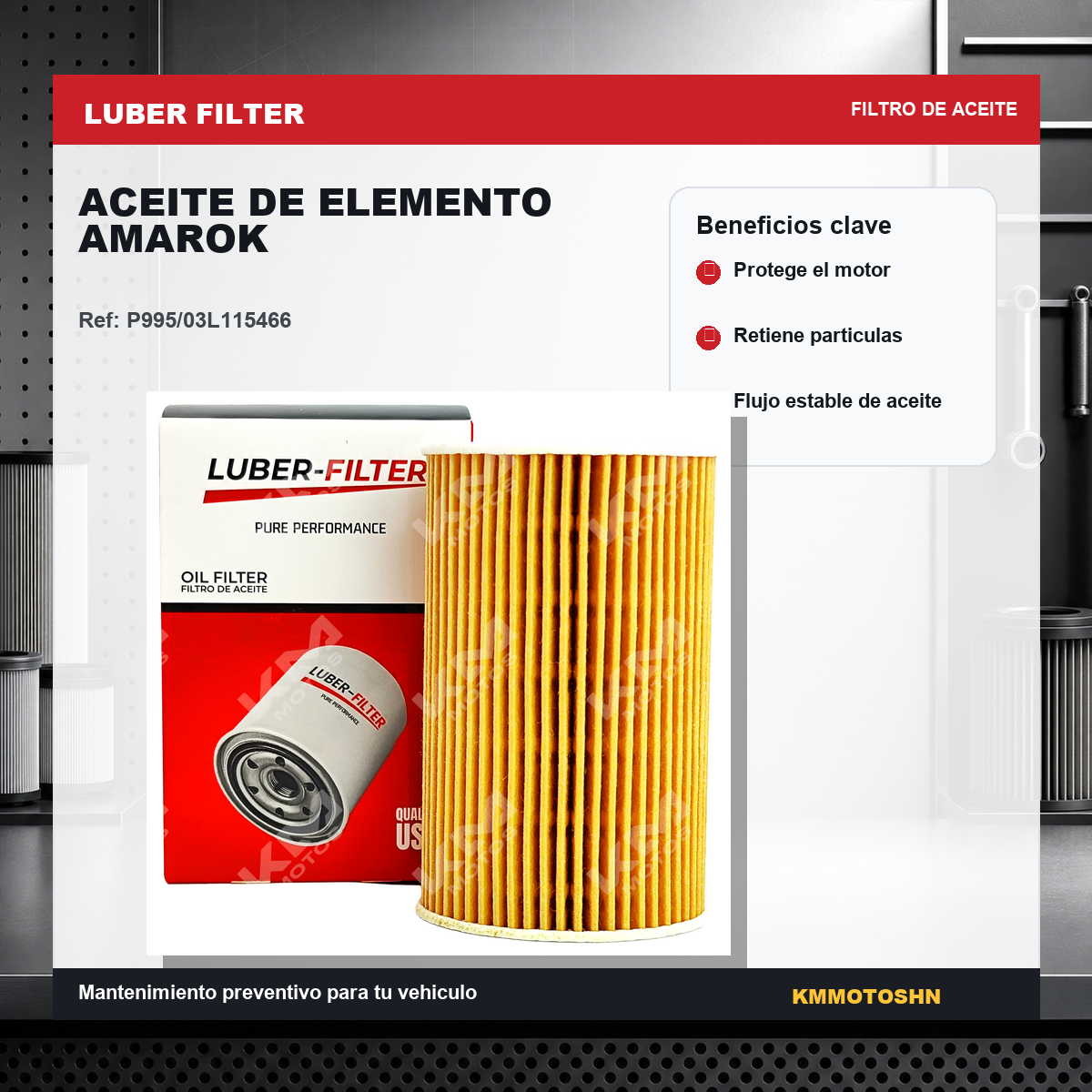 Filtro de aceite de elemento para Volkswagen Amarok de KM Motos, muestra el filtro de aceite en un fondo neutro.