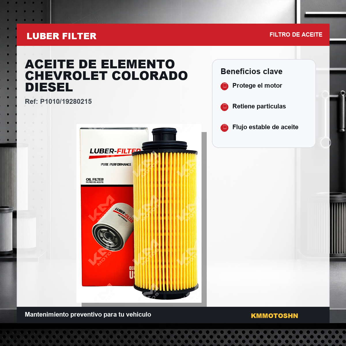 Filtro de aceite de elemento para Chevrolet Colorado Diesel de KM Motos, muestra el filtro en un entorno de taller.