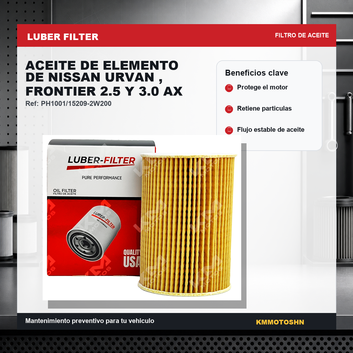 Filtro de aceite de elemento para Nissan Urvan y Frontier 2.5 y 3.0 AX, marca KM Motos, compatible con vehículos Nissan.