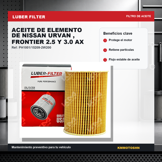 Filtro de aceite de elemento para Nissan Urvan y Frontier 2.5 y 3.0 AX, marca KM Motos, compatible con vehículos Nissan.