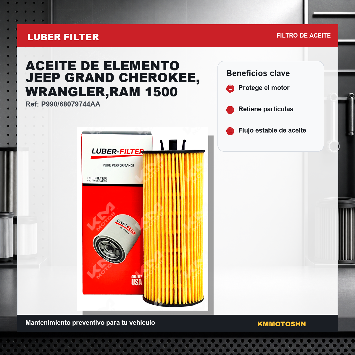 Filtro de aceite de elemento para Jeep Grand Cherokee, Wrangler y RAM 1500, marca KM Motos, muestra el filtro en la imagen.