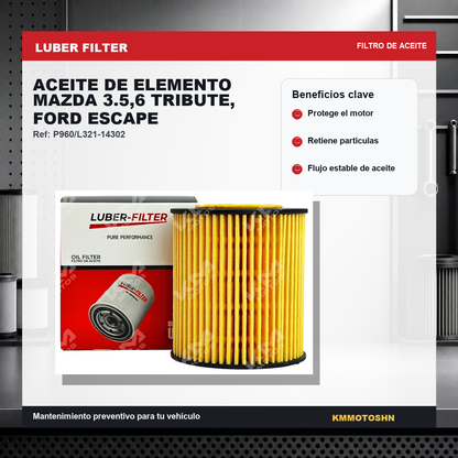 Filtro de aceite de elemento KM Motos para Mazda 3, 5, 6 Tribute y Ford Escape, compatible con estos modelos.