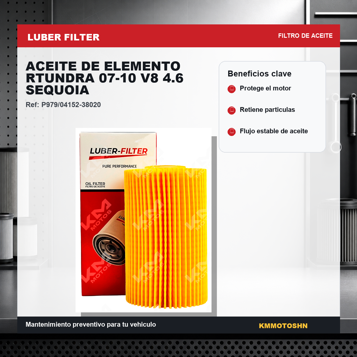 Filtro de aceite Elemento RTundra para Toyota Sequoia V8 4.6, compatible con modelos del 2007 al 2010, marca KM Motos