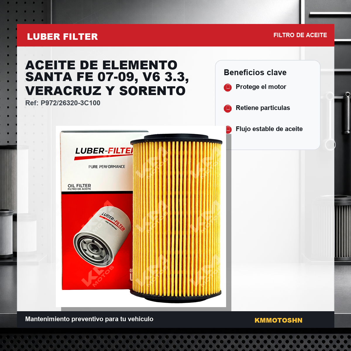 Filtro de aceite de elemento KM Motos para Santa Fe 07-09, V6 3.3, Veracruz y Sorento, mostrando el filtro de aceite en la imagen.