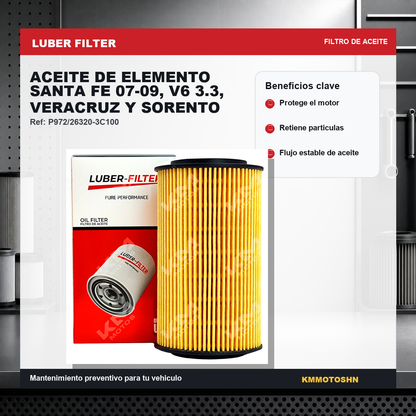 Filtro de aceite de elemento KM Motos para Santa Fe 07-09, V6 3.3, Veracruz y Sorento, mostrando el filtro de aceite en la imagen.