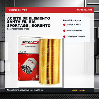 Filtro de aceite de elemento Santa Fe, Kia Sportage y Sorento de la marca KM Motos, mostrado en imagen.