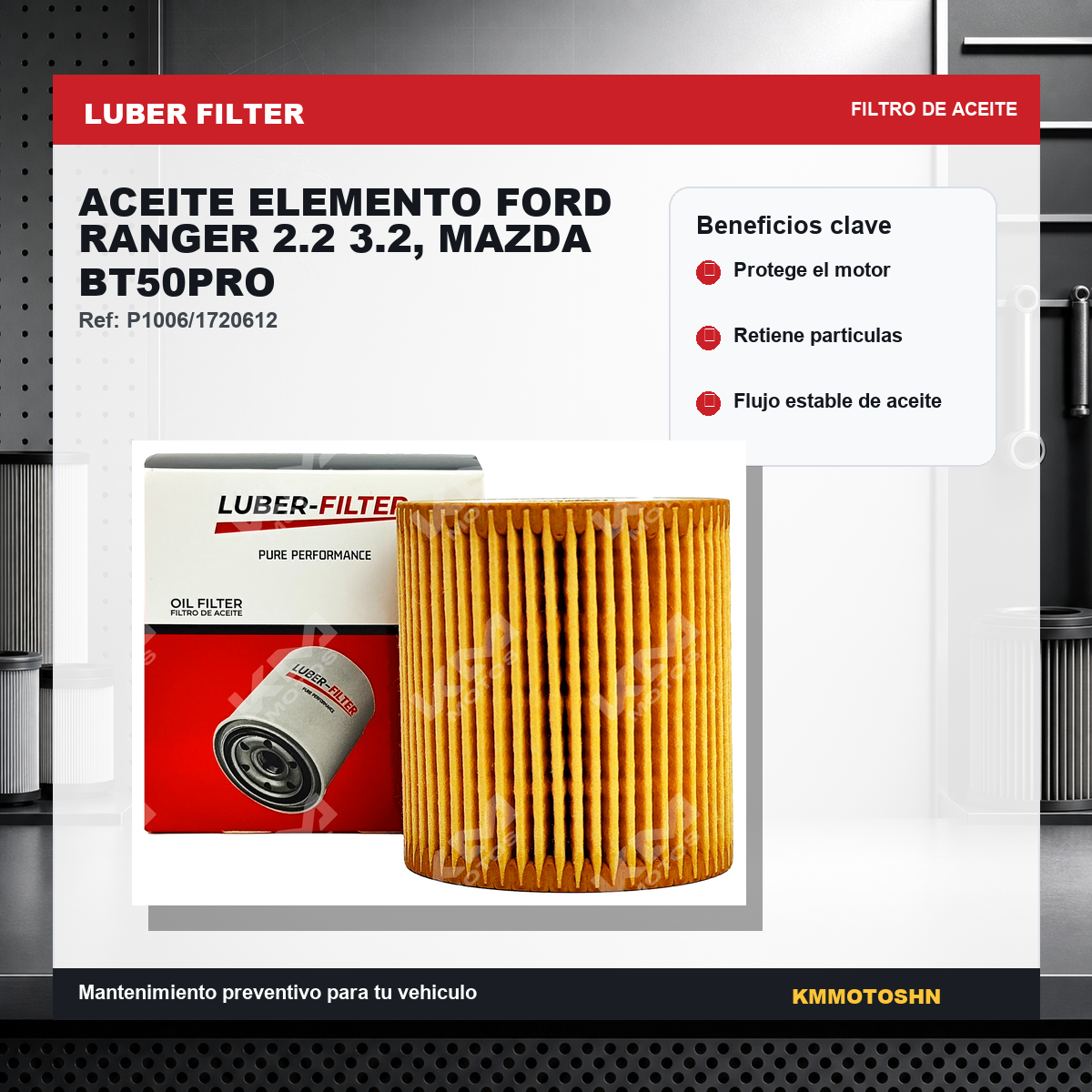 Filtro de aceite KM Motos para Ford Ranger 2.2 y 3.2, Mazda BT50Pro, imagen del elemento filtrante de aceite.