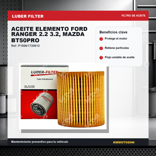 Filtro de aceite KM Motos para Ford Ranger 2.2 y 3.2, Mazda BT50Pro, imagen del elemento filtrante de aceite.