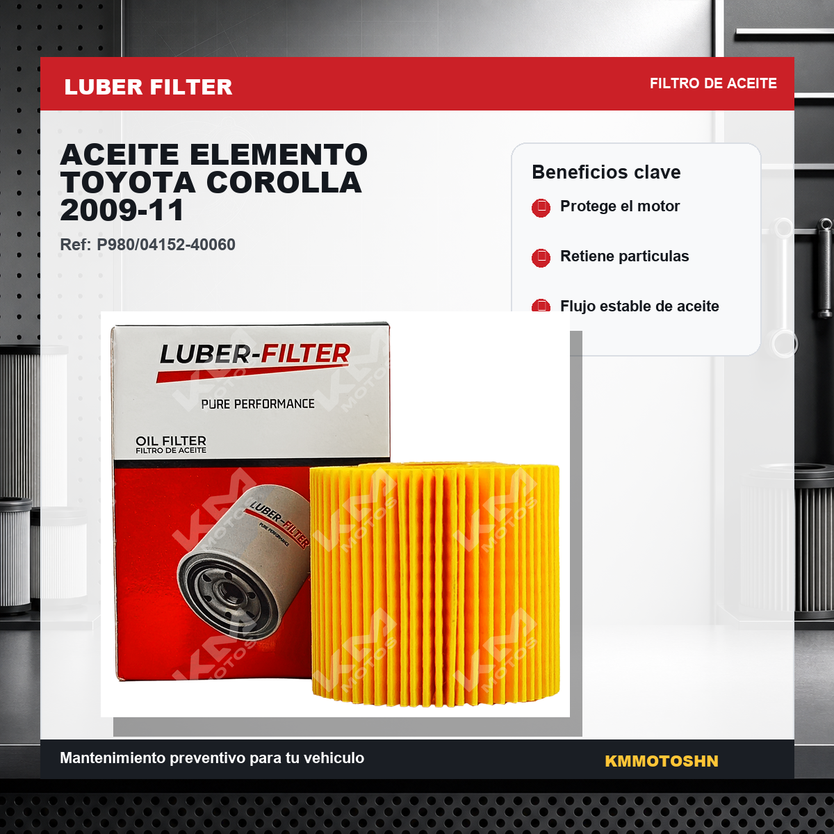 Filtro de aceite elemento para Toyota Corolla 2009-2011, marca KM Motos, muestra el filtro de aceite en color negro con rosca.