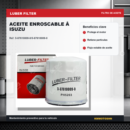 Filtro de aceite enroscable para Isuzu de la marca KM Motos, muestra el filtro de aceite en la imagen.