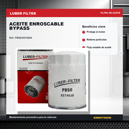 Filtro de aceite enroscable bypass Heavy Duty PB50 de KM Motos, filtro de aceite versátil para motocicletas y vehículos pesados.