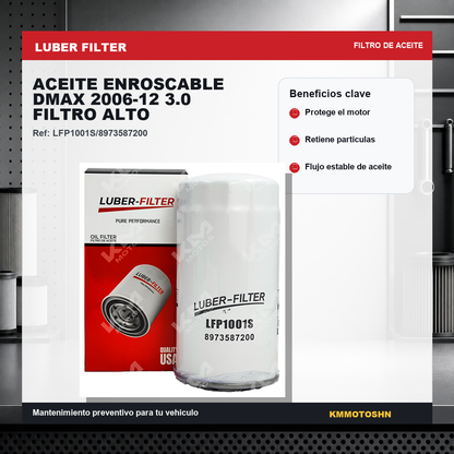Filtro de aceite enroscable KM Motos para Dmax 2006-2012 3.0, filtro de alto rendimiento, visible en la imagen.