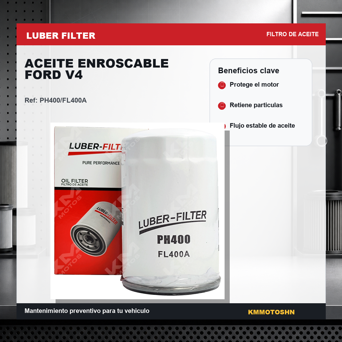 Filtro de aceite enroscable para Ford V4 de la marca KM Motos, mostrando el filtro de metal y roscas para instalación.