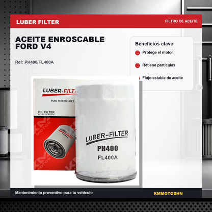 Filtro de aceite enroscable para Ford V4 de la marca KM Motos, mostrando el filtro de metal y roscas para instalación.