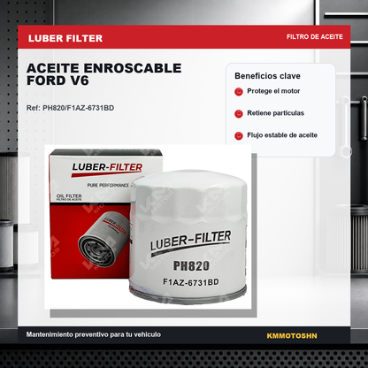 Filtro de aceite enroscable para Ford V6 de KM Motos, muestra el filtro de aceite de metal y rosca para reemplazo fácil.