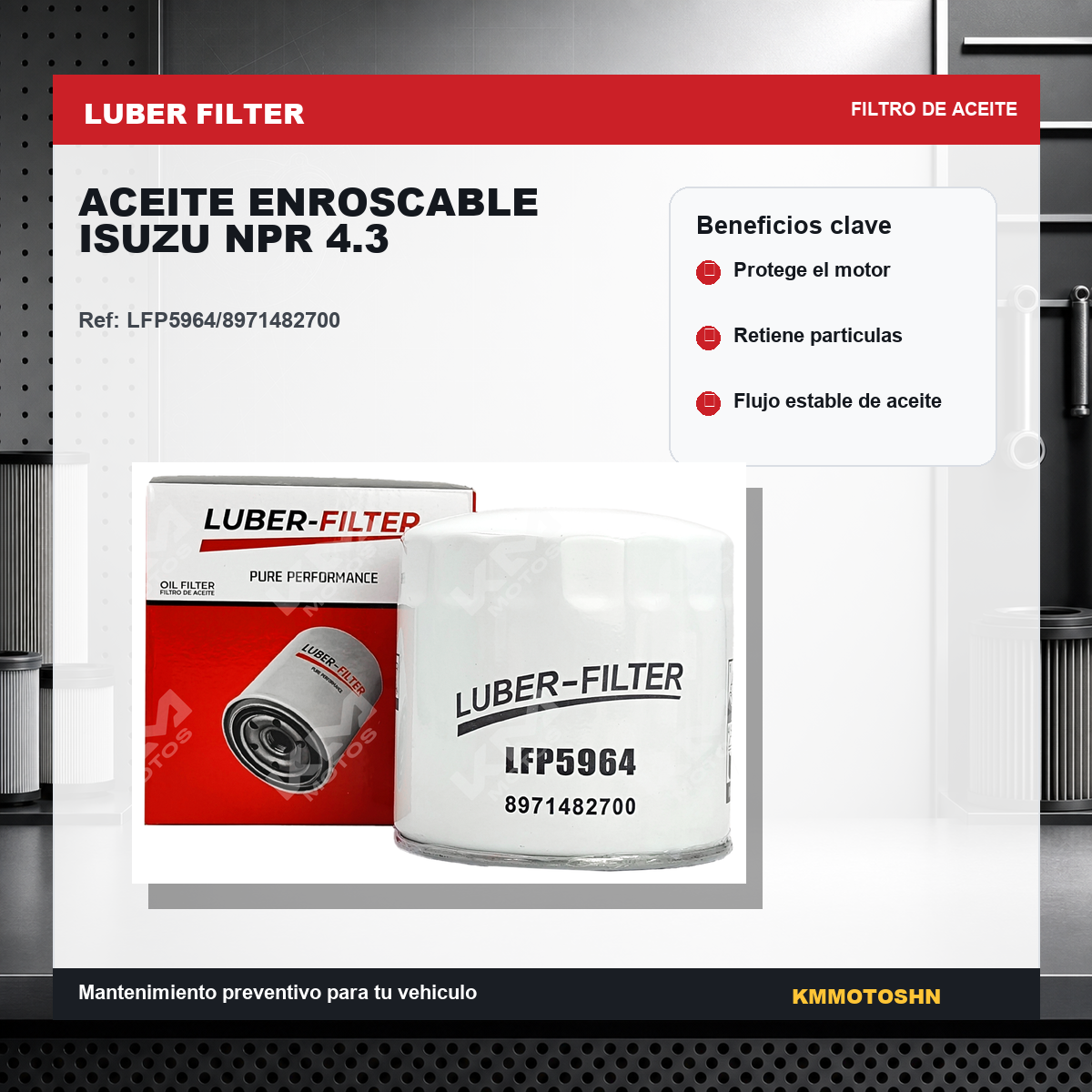 Filtro de aceite enroscable KM Motos para Isuzu NPR 4.3, filtro de aceite original y compatible con motor diésel.