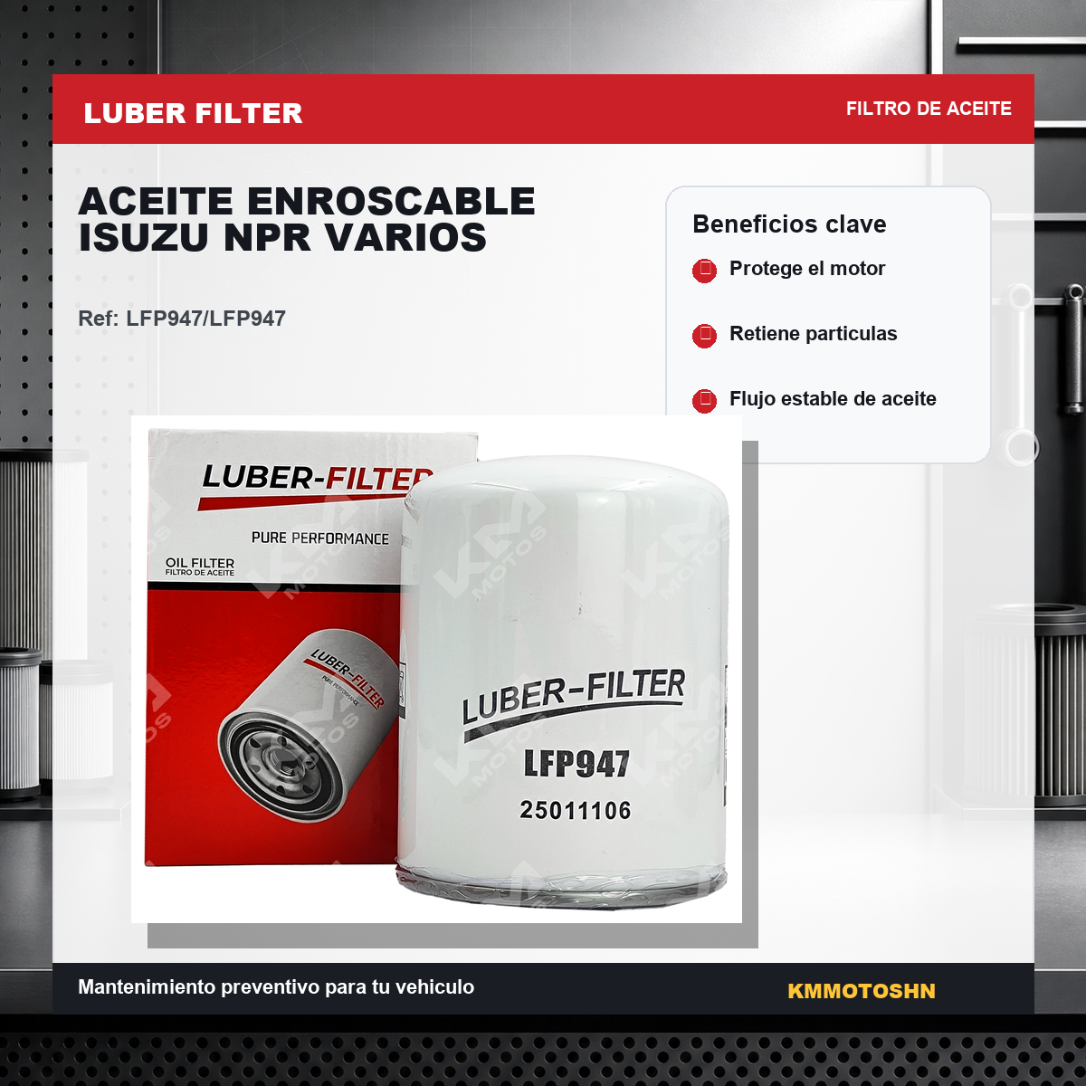 Filtro de aceite enroscable para Isuzu NPR, compatible con varios modelos, marca KM Motos, imagen del filtro de aceite.
