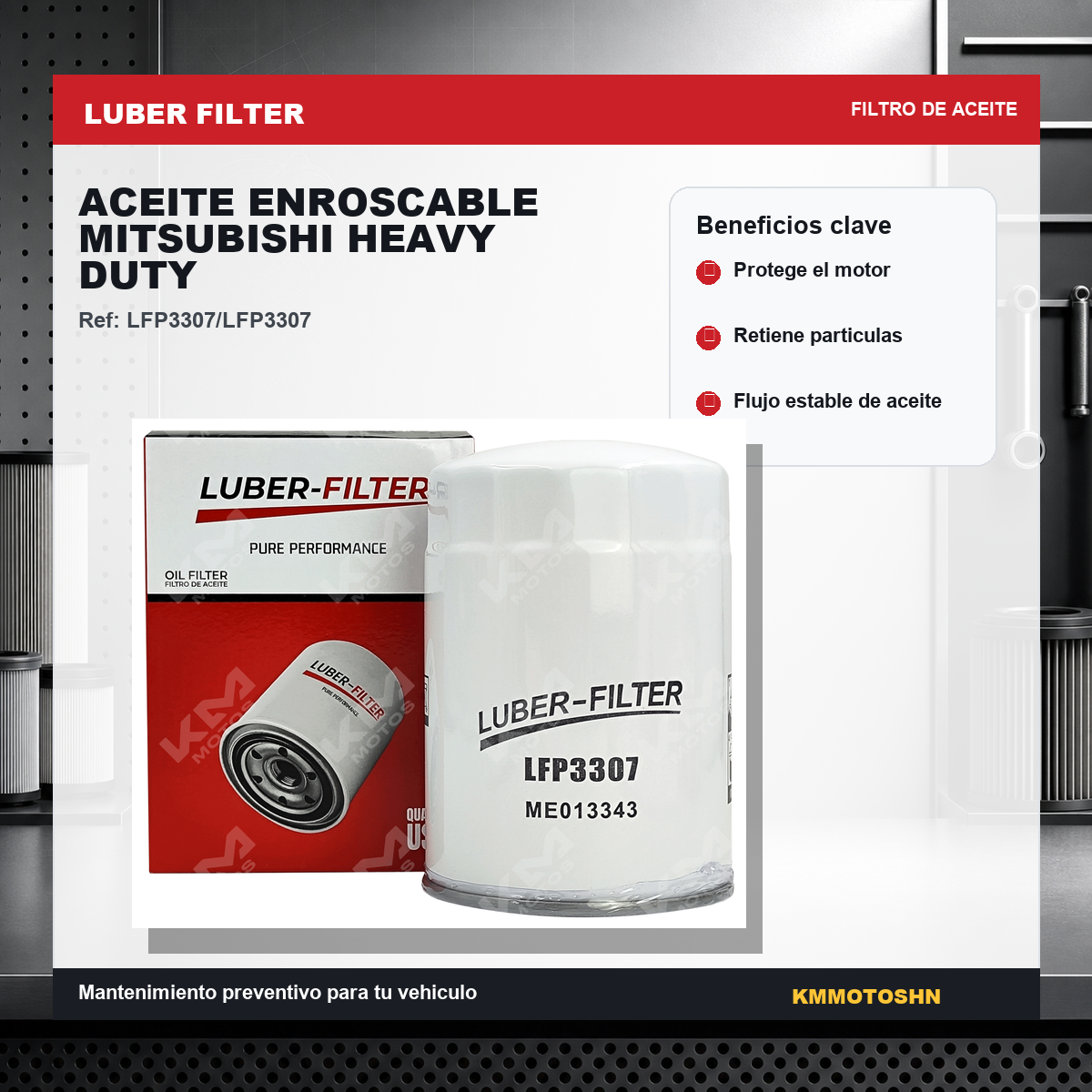 Filtro de aceite enroscable Mitsubishi Heavy Duty de KM Motos, visualización del filtro de aceite resistente y duradero.
