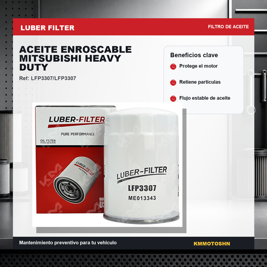 Filtro de aceite enroscable Mitsubishi Heavy Duty de KM Motos, visualización del filtro de aceite resistente y duradero.