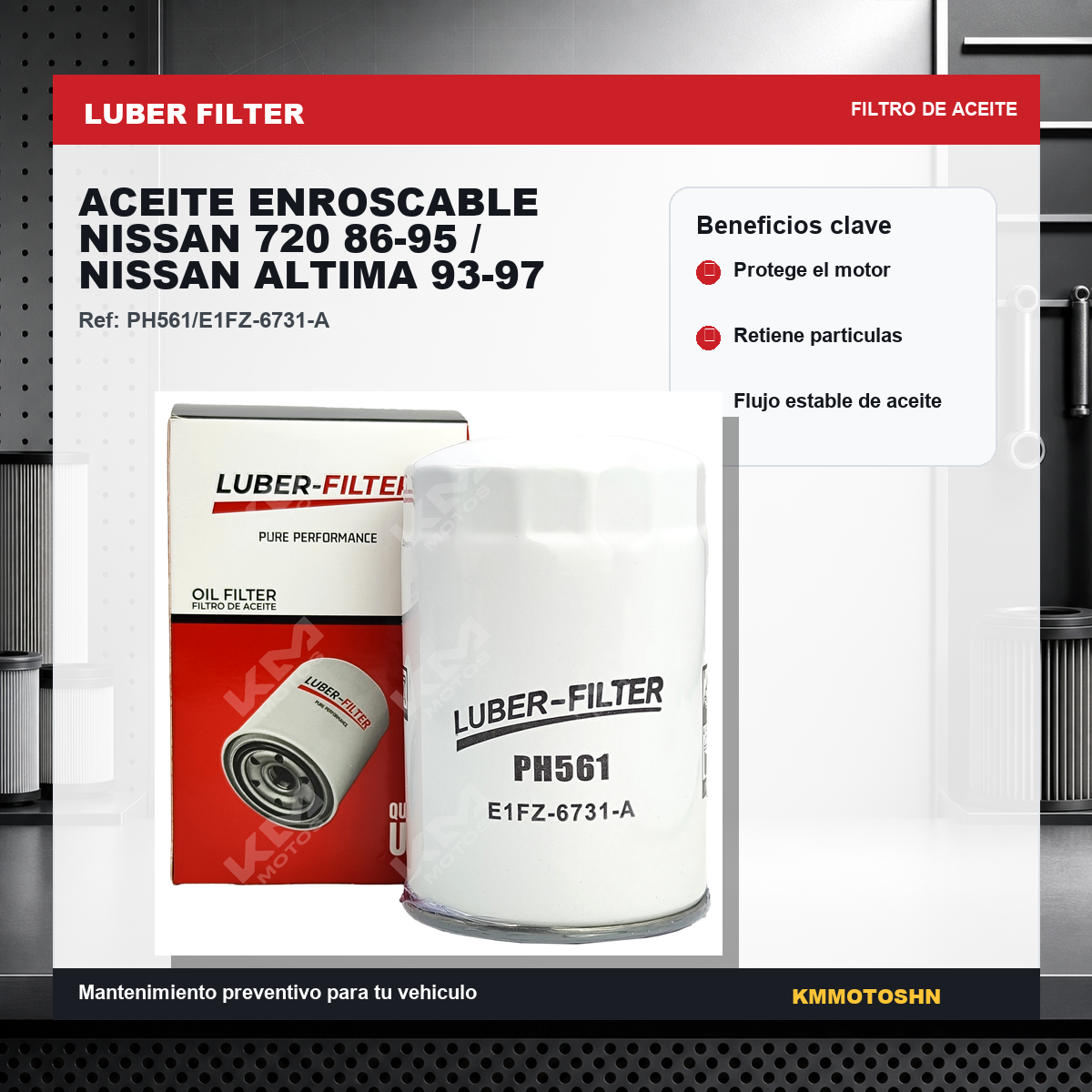 Filtro de aceite enroscable para Nissan 720 86-95 y Nissan Altima 93-97, marca KM Motos, visible en el producto.