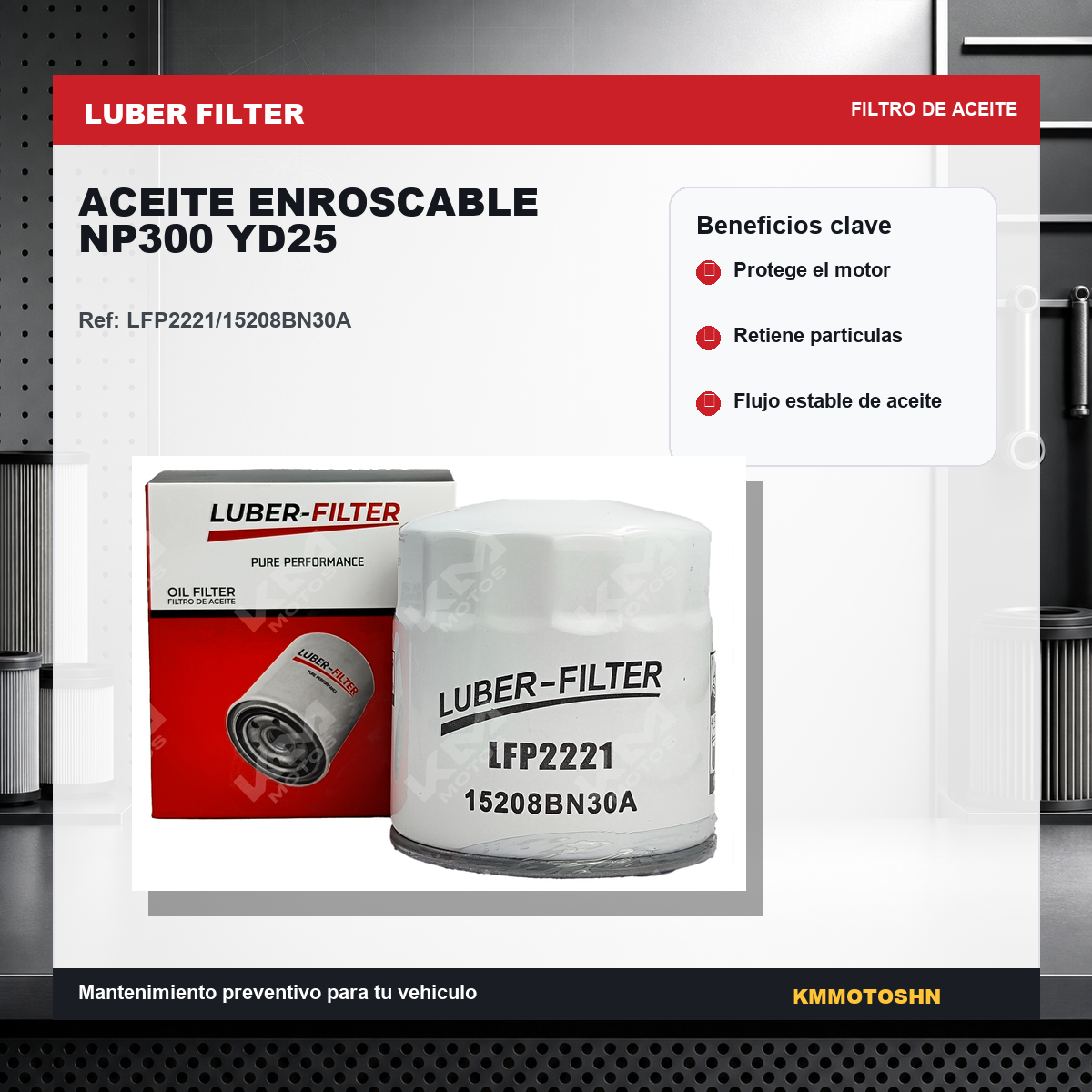 Filtro de aceite enroscable para NP300 YD25 de KM Motos, muestra el filtro de aceite enroscado en su posición.