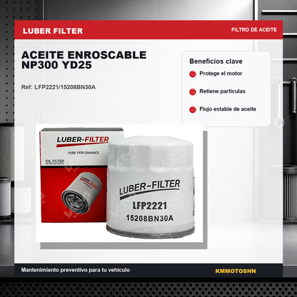Filtro de aceite enroscable para NP300 YD25 de KM Motos, muestra el filtro de aceite enroscado en su posición.