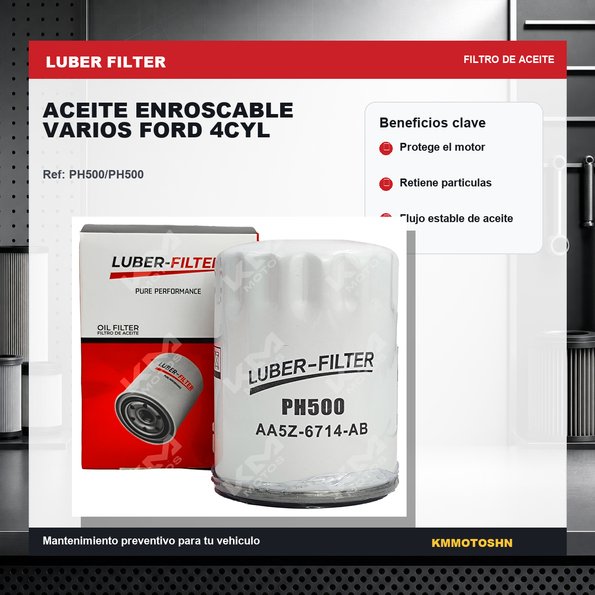 Filtro de aceite enroscable para Ford de 4 cilindros de la marca KM Motos, muestra el filtro y la rosca de montaje.