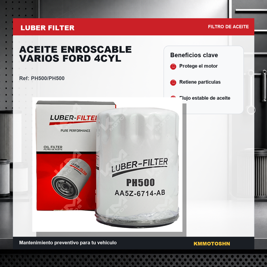 Filtro de aceite enroscable para Ford de 4 cilindros de la marca KM Motos, muestra el filtro y la rosca de montaje.