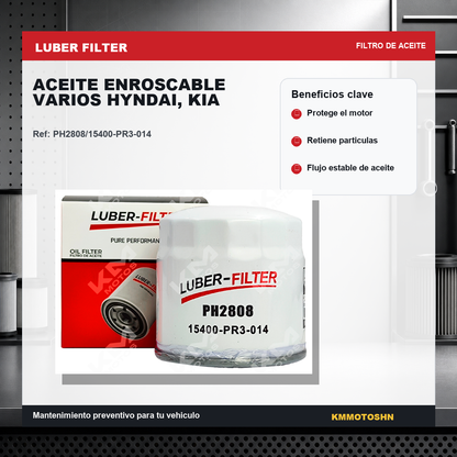 Filtro de aceite enroscable para Hyundai y KIA, marca KM Motos, mostrado en la imagen.