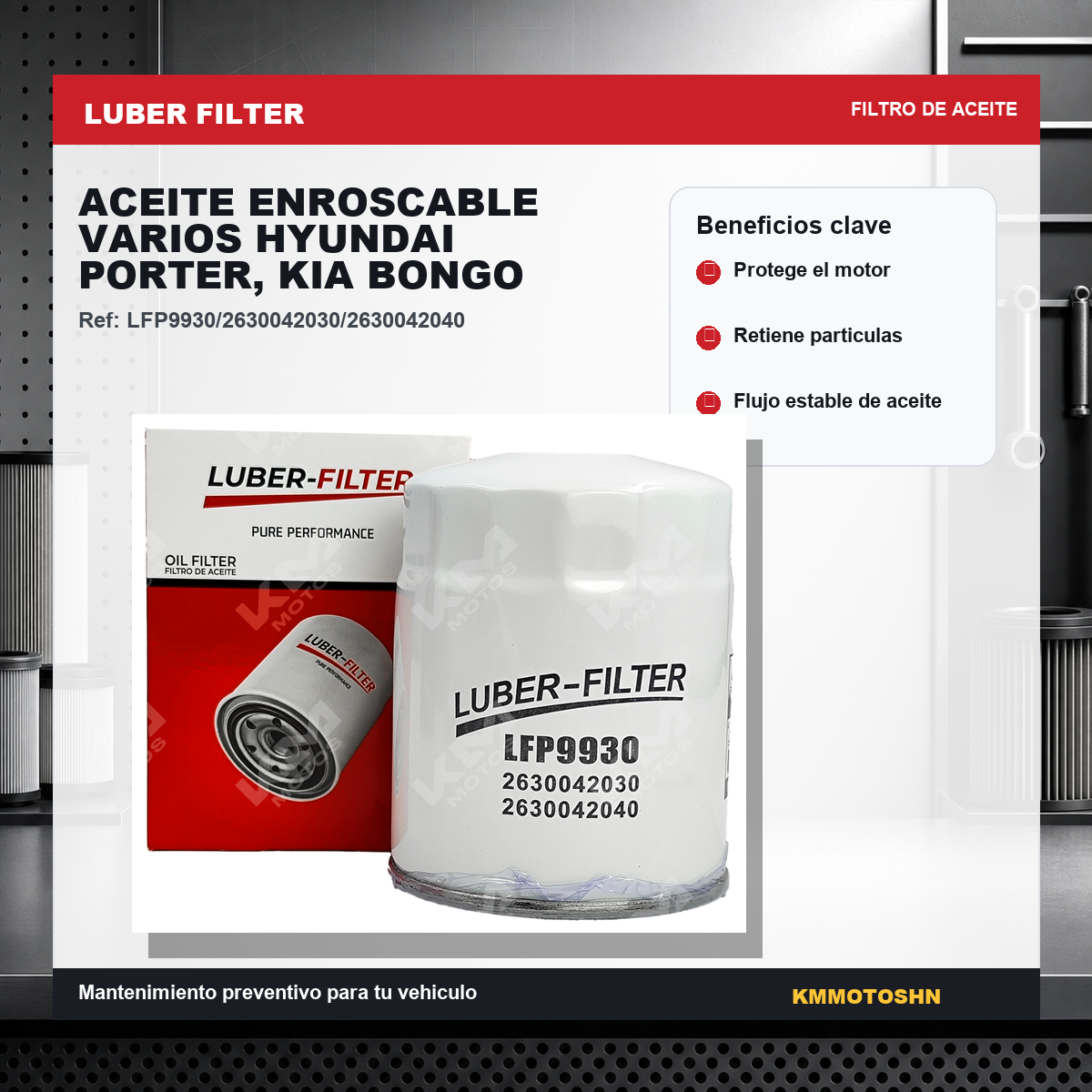 Filtro de aceite enroscable para Hyundai Porter y KIA Bongo, compatible con varios modelos, marca KM Motos.