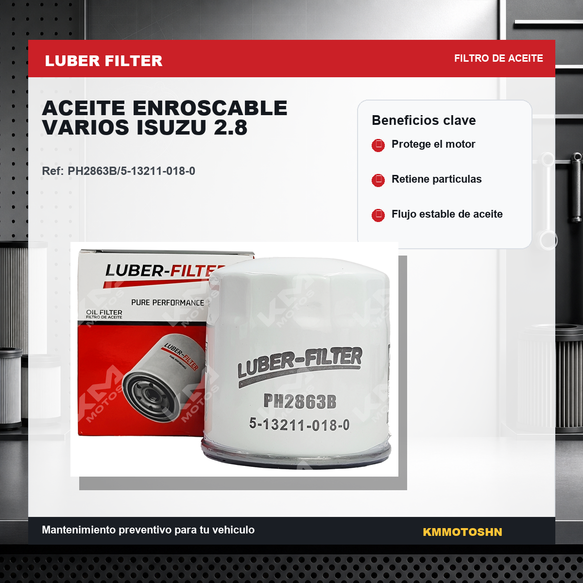 Filtro de aceite enroscable KM Motos para varios modelos Isuzu 2.8, imagen que muestra el filtro de aceite enroscado para motor.