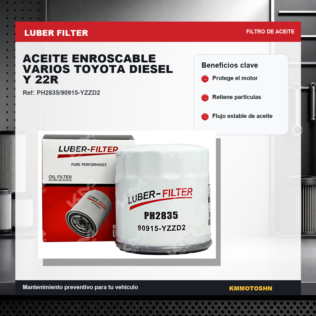 Filtro de aceite enroscable para Toyota diésel Y 22R, compatible con motores diesel, marca KM Motos, imagen del producto.