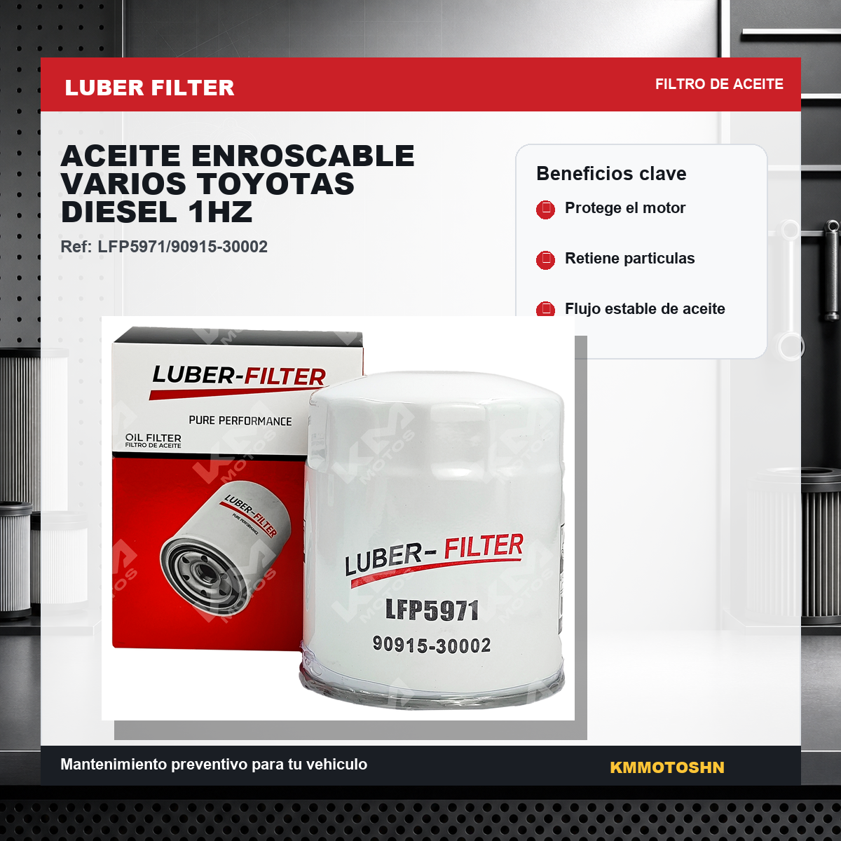 Filtro de aceite enroscable para Toyota diésel 1HZ, compatible con varios modelos, marca KM Motos, imagen de filtro de aceite.