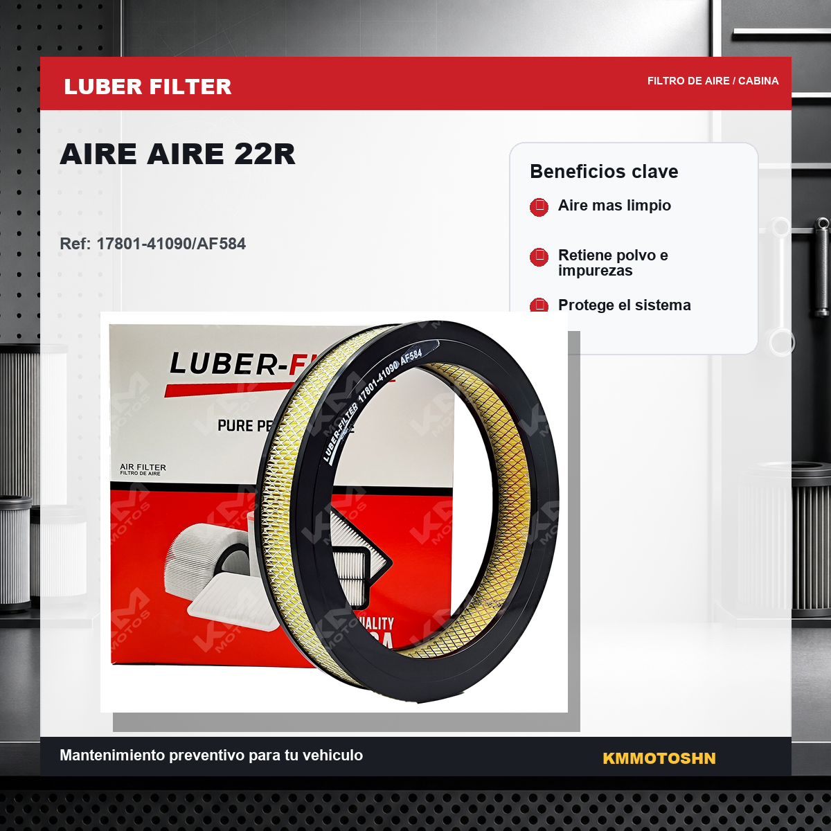 Filtro de aire KM Motos 22R, filtro de aire para motocicleta, mostrando el filtro en color negro con estructura de malla.