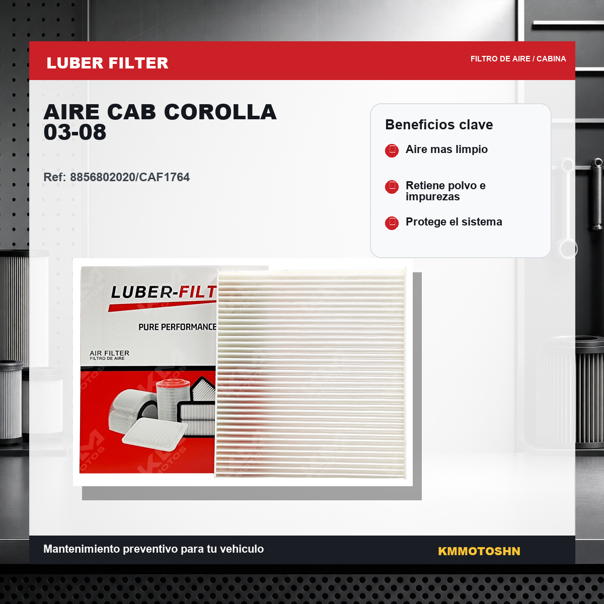Filtro de aire KM Motos para cabina de Toyota Corolla 2003-2008, muestra el filtro de aire en color negro con marco blanco.