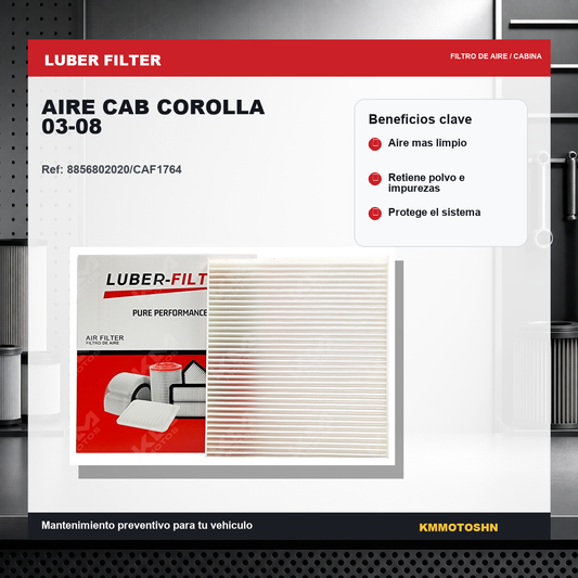 Filtro de aire para motor Toyota Corolla 2003-2008 de KM Motos, muestra el filtro de aire de cabina en su caja.