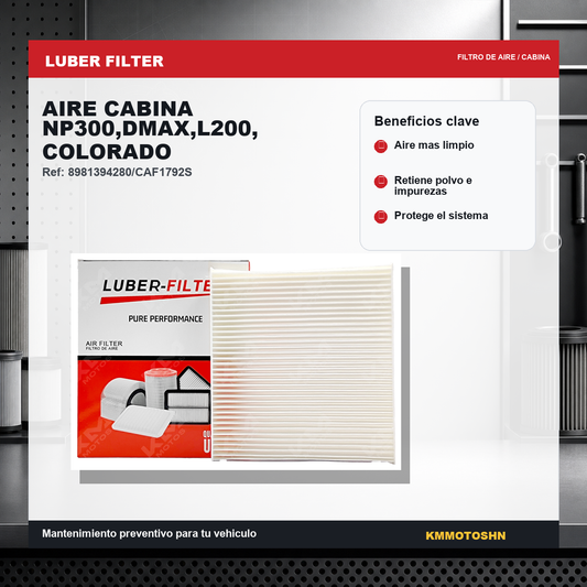 Filtro de aire de cabina para Nissan NP300, DMAX, L200 y Colorado de la marca KM Motos, visible en el filtro en la imagen.