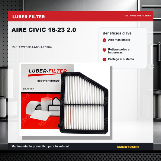 Filtro de aire para Honda Civic 2016-2023 2.0 de la marca KM Motos, muestra el filtro de aire rectangular con componentes de malla.