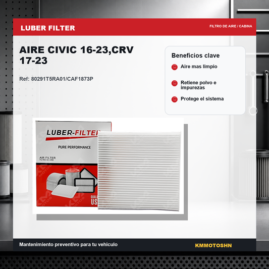 Filtro de aire de cabina para Honda Civic 16-23 y CRV 17-23, marca KM Motos, muestra el filtro en su caja de embalaje.