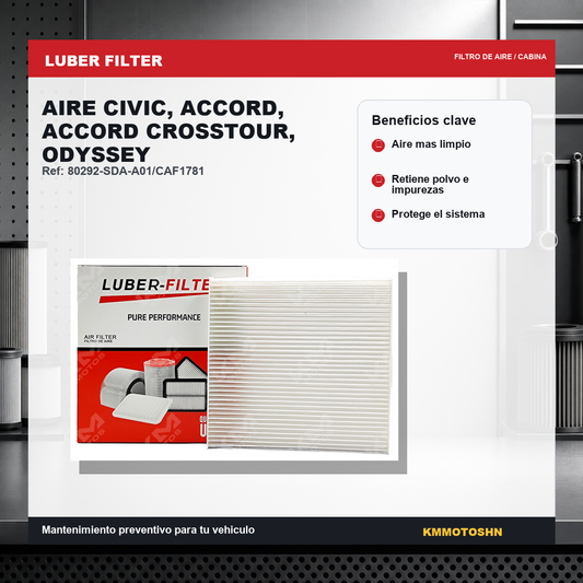 Filtro de aire de cabina KM Motos para Honda Civic, Accord, Crosstour y Odyssey, muestra el filtro de aire con marco y fibra.