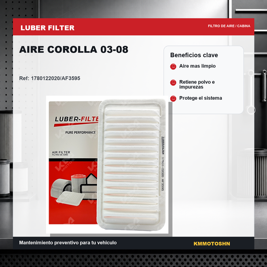 Filtro de aire para Toyota Corolla 03-08, compatible con modelos de KM Motos, muestra el filtro de aire en su caja de color.