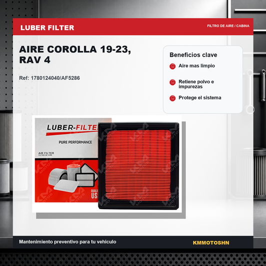 Filtro de aire para Toyota Corolla 2019-2023 y RAV4, marca KM Motos, mostrando el filtro de aire en color negro con estructura de cartón