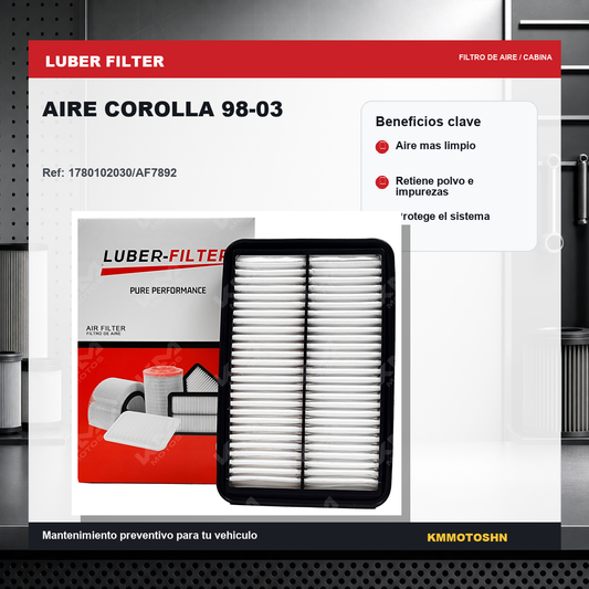 Filtro de aire para Toyota Corolla 98-03 de KM Motos, muestra el filtro de aire rectangular y su estructura de malla blanca