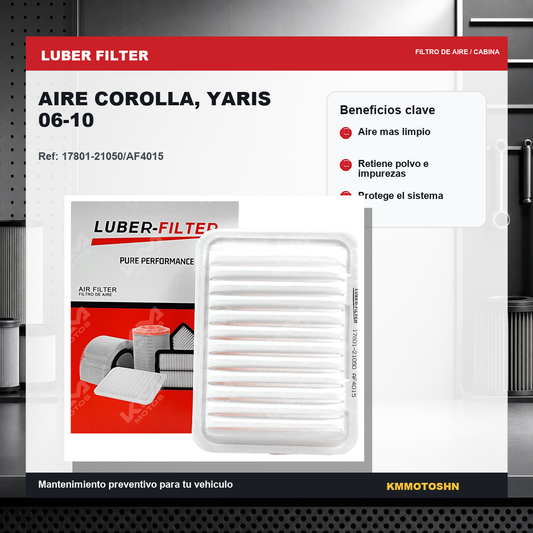 Filtro de aire para Toyota Corolla y Yaris 2006-2010 de KM Motos, muestra el filtro de aire en su caja.