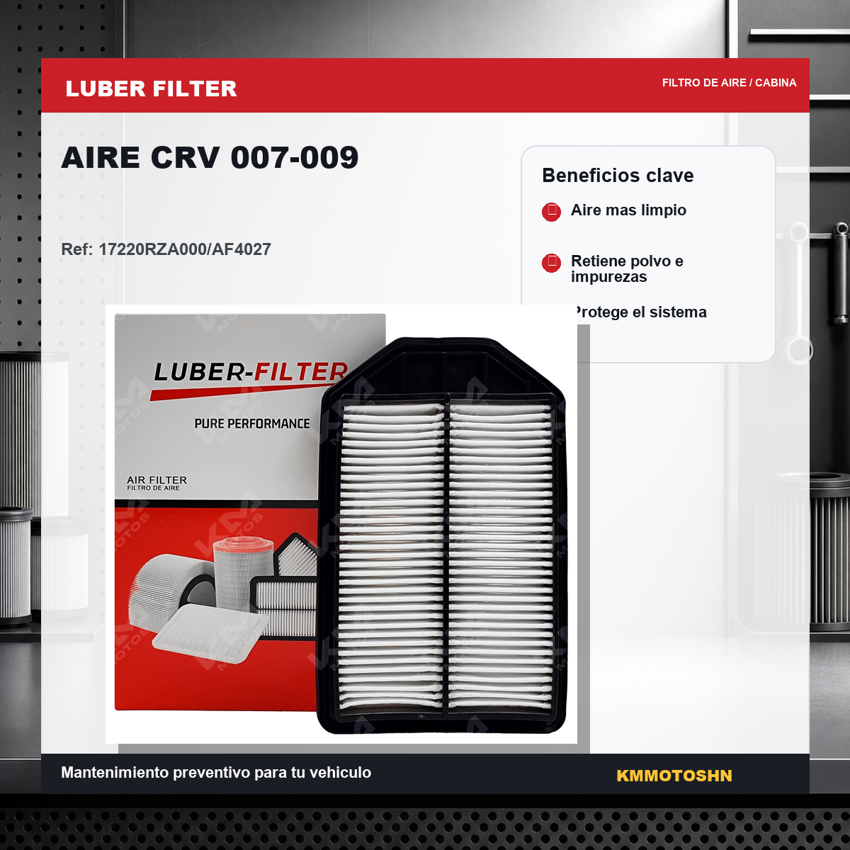 Filtro de aire KM Motos CRV 007-009 para motocicleta, muestra el filtro de aire con marco y elemento filtrante visible.