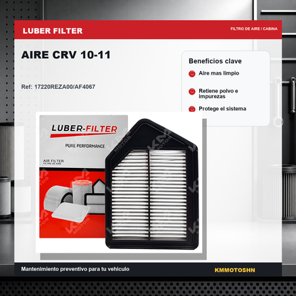Filtro de aire KM Motos para Honda CRV 2010-2011, muestra el filtro de aire rectangular con malla y tapa plástica negra.