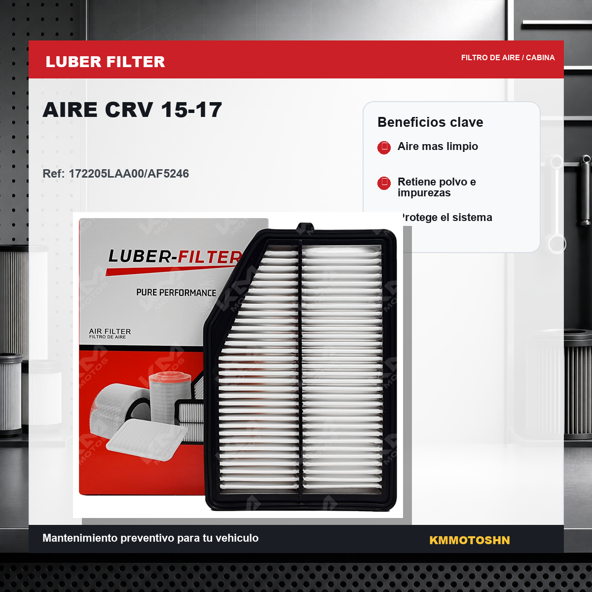 Filtro de aire KM Motos para Honda CRV 2015-2017, muestra el filtro de aire en su empaque.