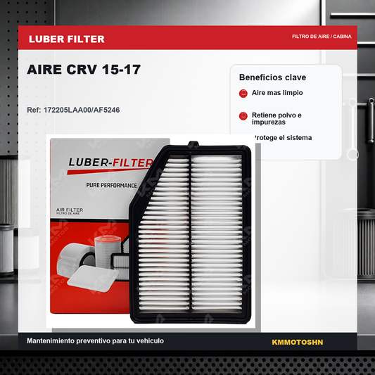 Filtro de aire KM Motos para Honda CRV 2015-2017, muestra el filtro de aire rectangular con malla y marco de plástico.