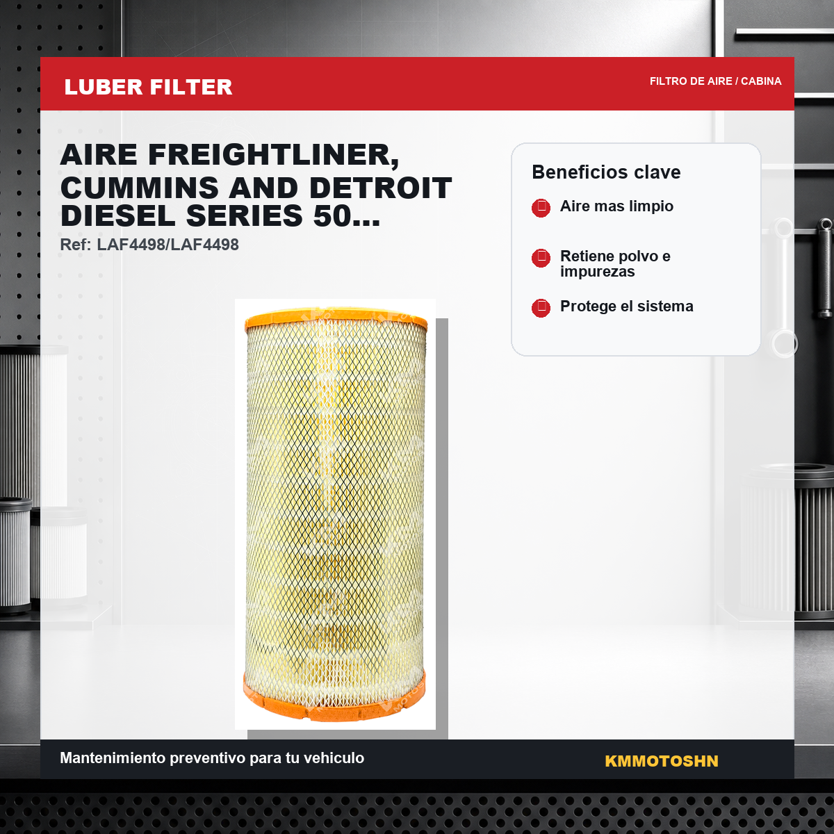 Filtro de aire KMMOTOSHN para Freightliner, Cummins y Detroit Diesel Series 50, sello radial, visible en la imagen.