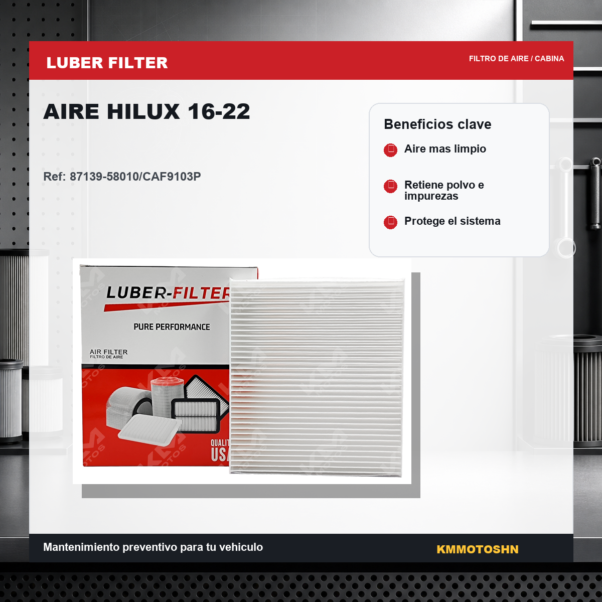 Filtro de aire para Toyota Hilux 2016-2022 de la marca KM Motos, imagen del filtro de aire rectangular y de color negro
